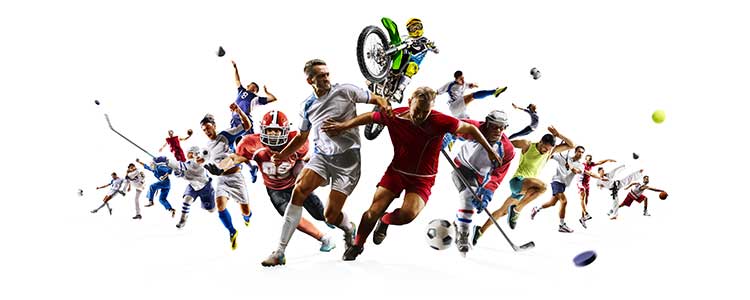 Dynamic athletes in various sports action.
