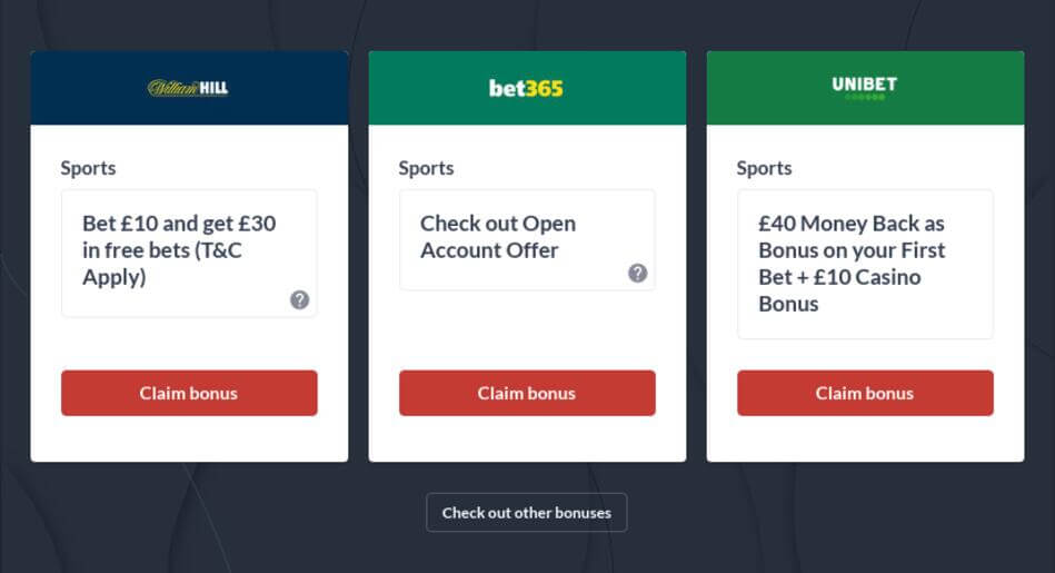 Sports betting bonus offers from three sites.